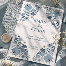 Carton d'invitation de mariage à fleurs folk bleu 