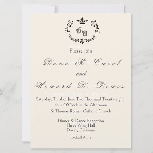 Invitation Carton d'invitation de mariage à initiale couronne (Devant)