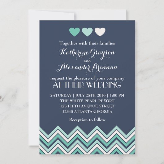 Invitation Carton d'invitation de mariage à motif chevron ble (Devant)