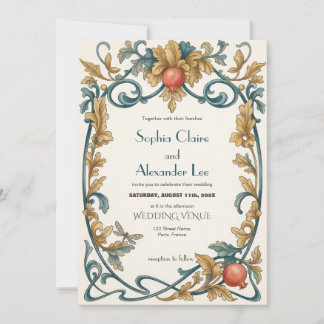 Invitation Carton d'invitation de mariage Art Nouveau bleu ro