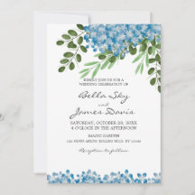 Carton d'invitation de mariage aux hortensias bleu