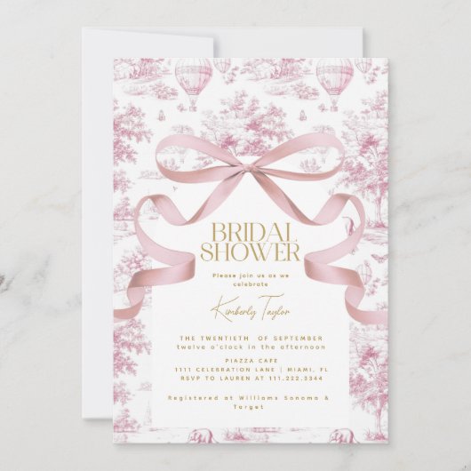 Invitation Carton d'invitation de mariage avec ruban rose Toi (Devant)