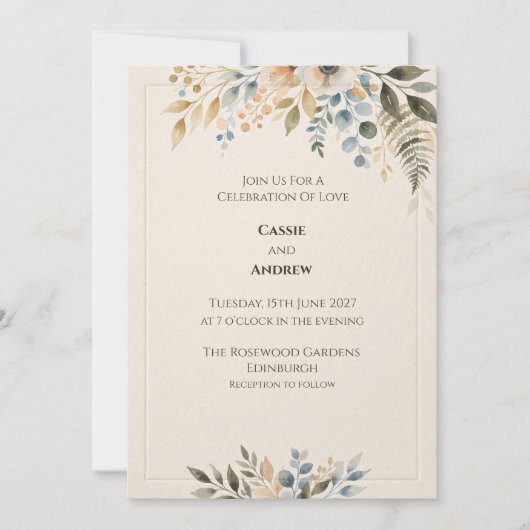 Invitation Carton d'invitation de mariage botanique bleu vert (Devant)