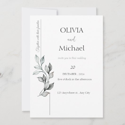 Invitation Carton d'invitation de mariage classique à feuilla (Devant)