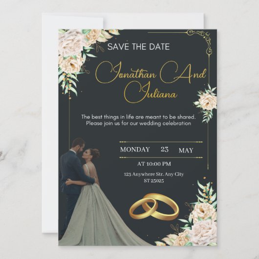 Invitation Carton d'invitation de mariage de luxe noir et or (Devant)