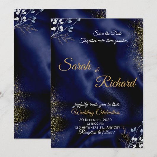 Invitation Carton d'invitation de mariage élégant bleu marine (Devant / Derrière)