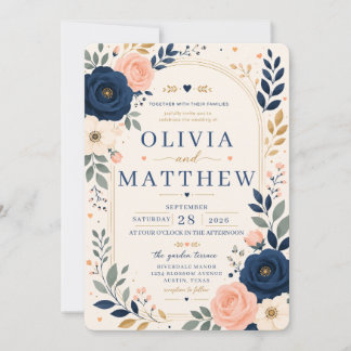 Invitation Carton d'invitation de mariage floral bleu marine