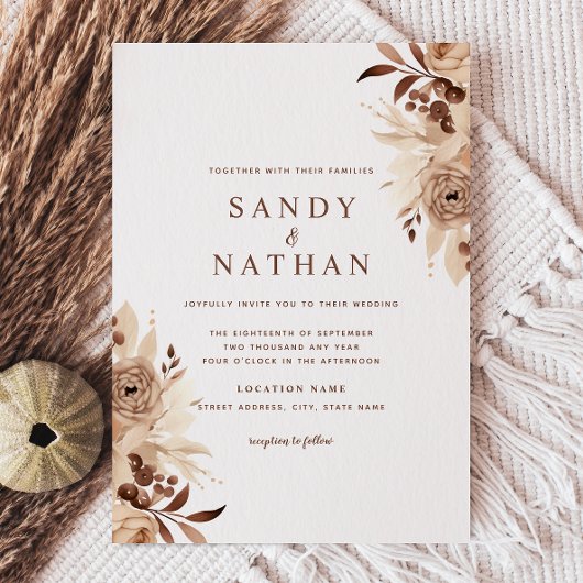 Invitation Carton d'invitation de mariage floral bohème beige