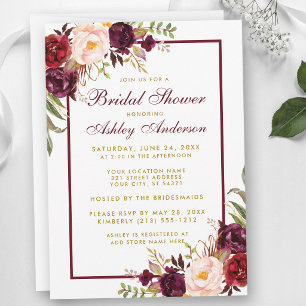 Invitation Carton d'invitation de mariage floral bordeaux or 