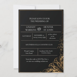 Invitation Carton d'invitation de mariage floral Or Noir