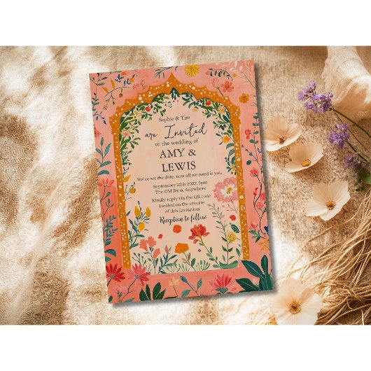 Invitation Carton d'invitation de mariage floral rose bohème