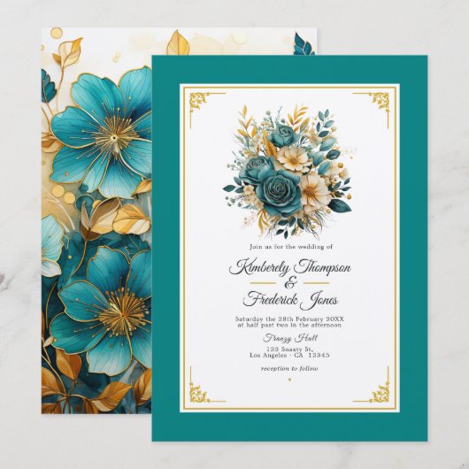 Invitation Carton d'invitation de mariage floral sarcelle et (Devant / Derrière)