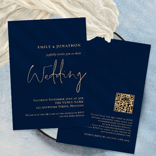 Invitation Carton d'invitation de mariage Navy Or à code QR é