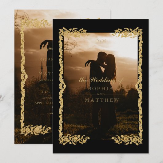 Invitation Carton d'invitation de mariage photo noir or class (Devant / Derrière)
