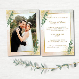 Invitation Carton d'invitation de mariage photo vert et or él