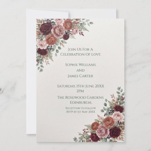 Invitation Carton d'invitation de mariage Rose de Bourgogne (Devant)