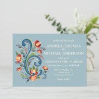 Carton d'invitation de mariage Rosemaling Bleu et