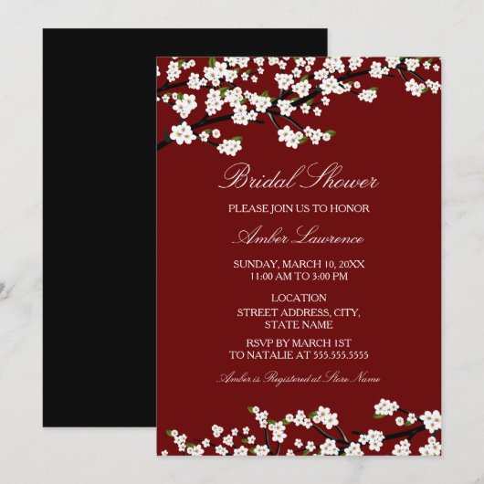 Invitation Carton d'invitation de mariage rouge Fleur de ceri (Devant / Derrière)