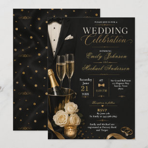 Invitation Carton d'invitation de mariage Smoking Or Noir