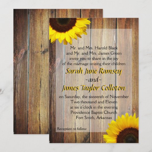 Invitation Carton d'invitation de mariage Tournesol (Devant / Derrière)