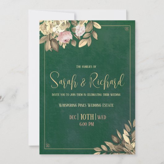 Invitation Carton d'invitation de mariage vert émeraude et or (Devant)