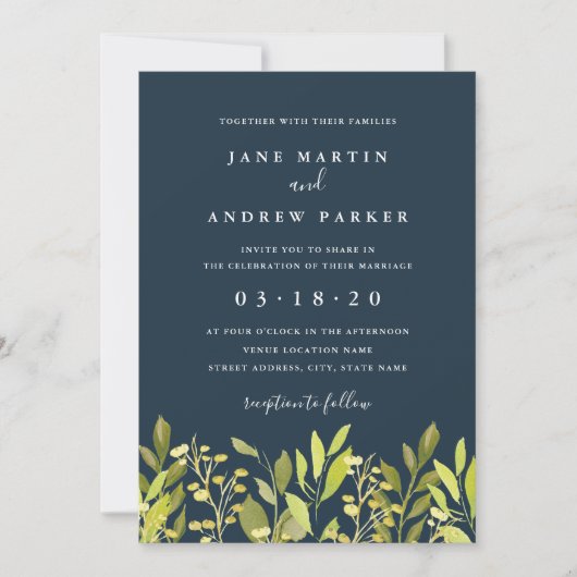 Invitation Carton d'invitation de mariage vert feuillage bota (Devant)