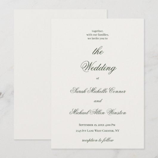 Invitation Carton d'invitation de mariage vert foncé minimal (Devant / Derrière)