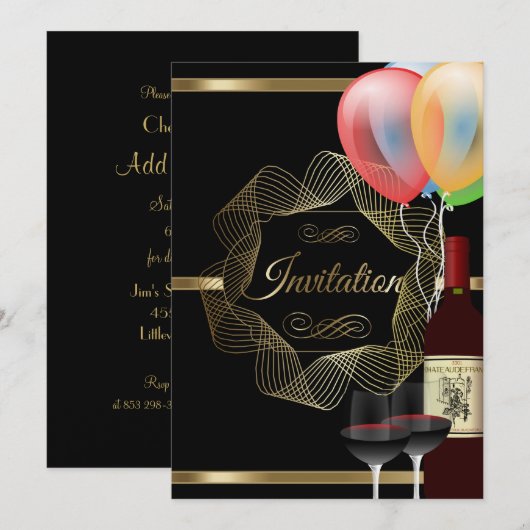 Invitation Carton d'invitation de soirée chic noir et or (Devant / Derrière)