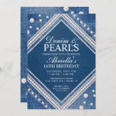 Invitation Carton d'invitation élégant en denim et perles (Devant / Derrière)
