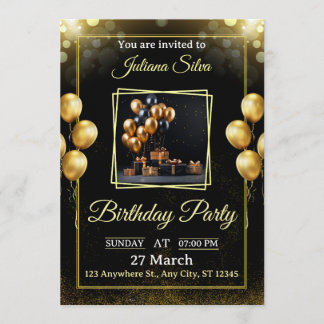 Invitation Carton d'invitation élégant noir et or pour annive