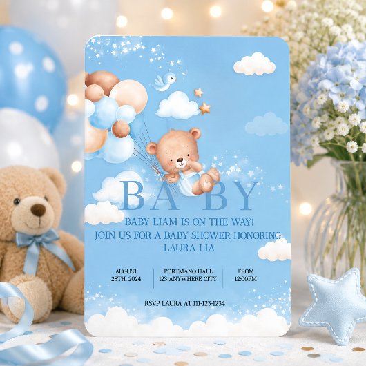 INVITATION CARTON D'INVITATION FILLE OURSON BLEU