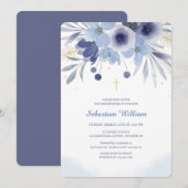 Invitation Carton d'invitation Fleur bleue pour baptême (Devant / Derrière)