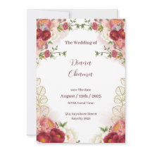Carton d'invitation Fleurs aquarelle rouge or "Sav