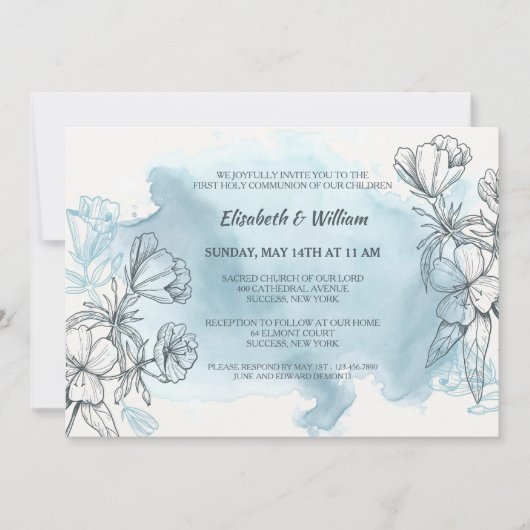 Invitation Carton d'invitation floral bleu poudre (Devant)