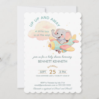 Invitation Carton d'invitation Garçon Éléphant Aéroplane Aqua