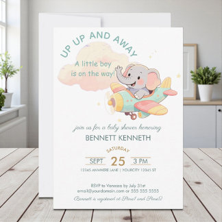 Invitation Carton d'invitation Garçon Éléphant Aéroplane Aqua