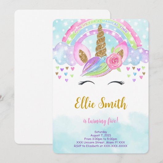 Invitation Carton d'invitation Licorne Magique Aquarelle (Devant / Derrière)