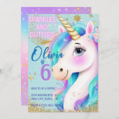 Invitation Carton d'invitation Licorne Paillettes Arc-en-ciel (Devant / Derrière)