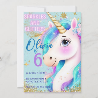 Invitation Carton d'invitation Licorne Paillettes Arc-en-ciel