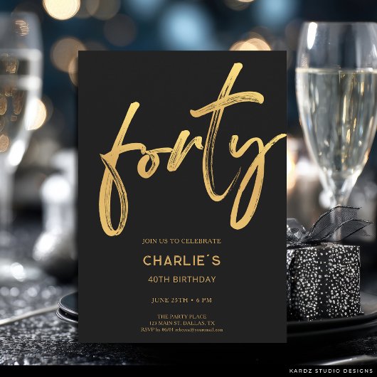 Invitation Carton d'invitation moderne noir et or pour 40e an