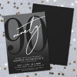 Invitation Carton d'invitation moderne pour 90e anniversaire<br><div class="desc">Célébrez quatre-vingt-dix ans avec style grâce à cette invitation de fête d'anniversaire moderne avec un dégradé de gris à noir pour les 90 ans. Le design présente un grand "90" noir sur la majeure partie de la carte, avec un "Quatre-vingt-dix" blanc écrit à la main en surimpression pour un look...</div>