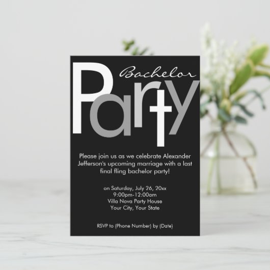 Invitation Carton d'invitation noir gris typographique pour e (Debout devant)