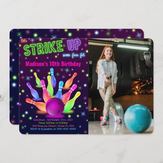 Invitation Carton d'invitation photo Bowling modifiable (Devant / Derrière)
