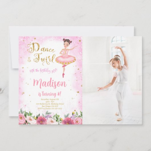 Invitation Carton d'invitation photo de ballerine rose et or (Devant)