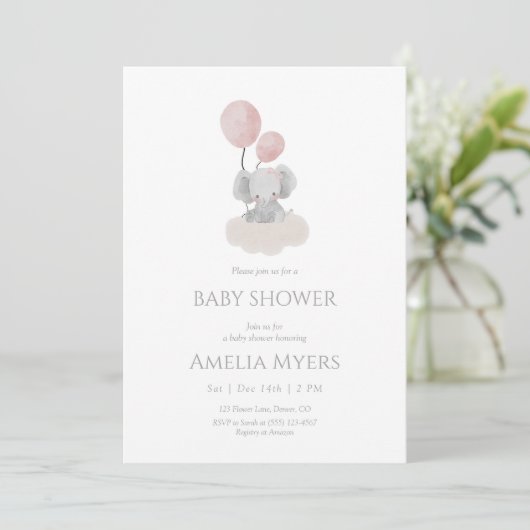 Invitation Carton d'invitation pour Baby Shower Eléphant Rose (Debout devant)