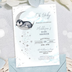Invitation Carton d'invitation pour Baby Shower Manchot Lune