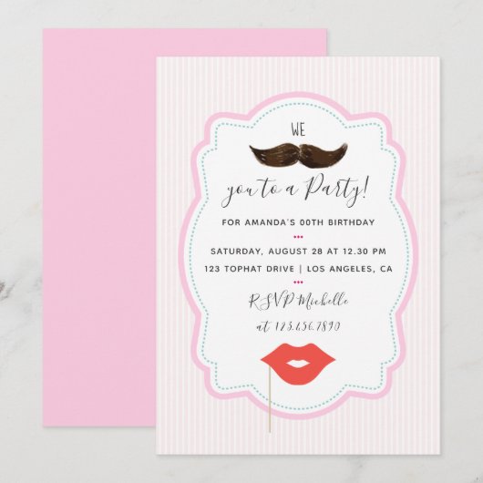 Invitation Carton d'invitation pour fête de fille à moustache (Devant / Derrière)