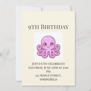 Invitation Carton d'invitation pour les 9 ans de bébé pieuvre