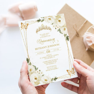 Invitation Carton d'invitation Quinceañera Blanc et Or