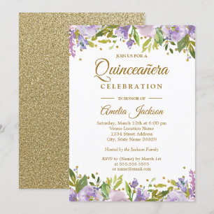 Invitation Carton d'invitation Quinceanera Floral Or Étincela